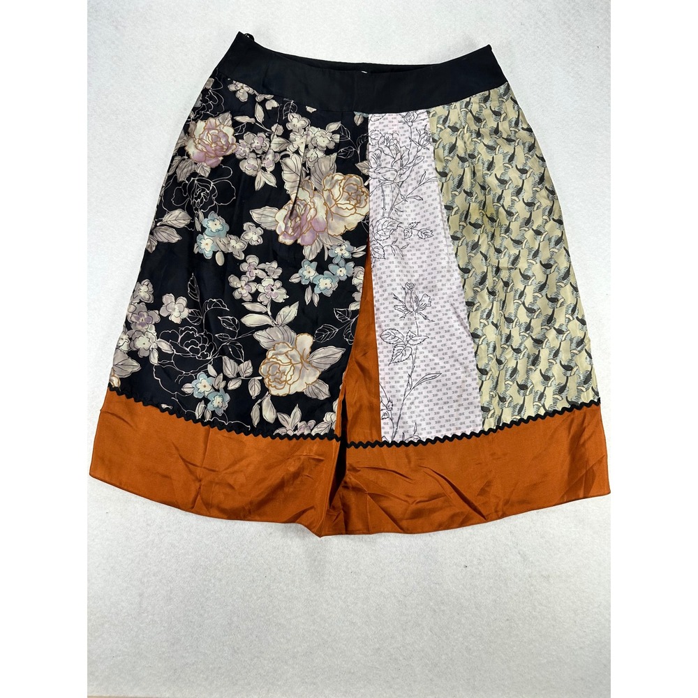 Garnet Hill Silk Patchwork Floral Bird Print Skirt 10 Mixed Media Knee Length
